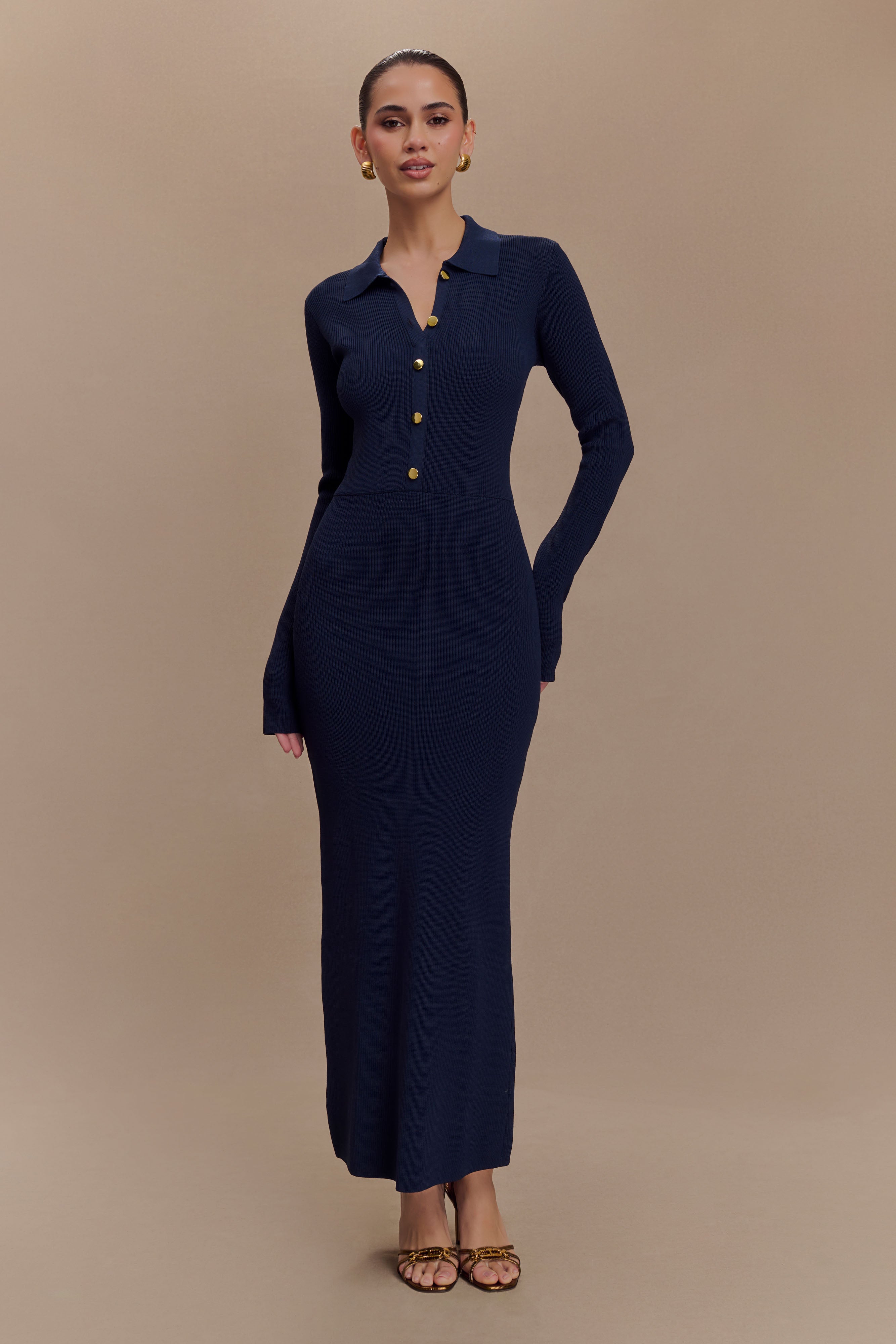 Abbey Buttoned Knit Midi Dress in Navy – Chic&Drifts