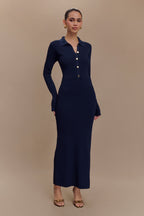 Abbey Buttoned Knit Midi Dress in Navy – Chic&Drifts