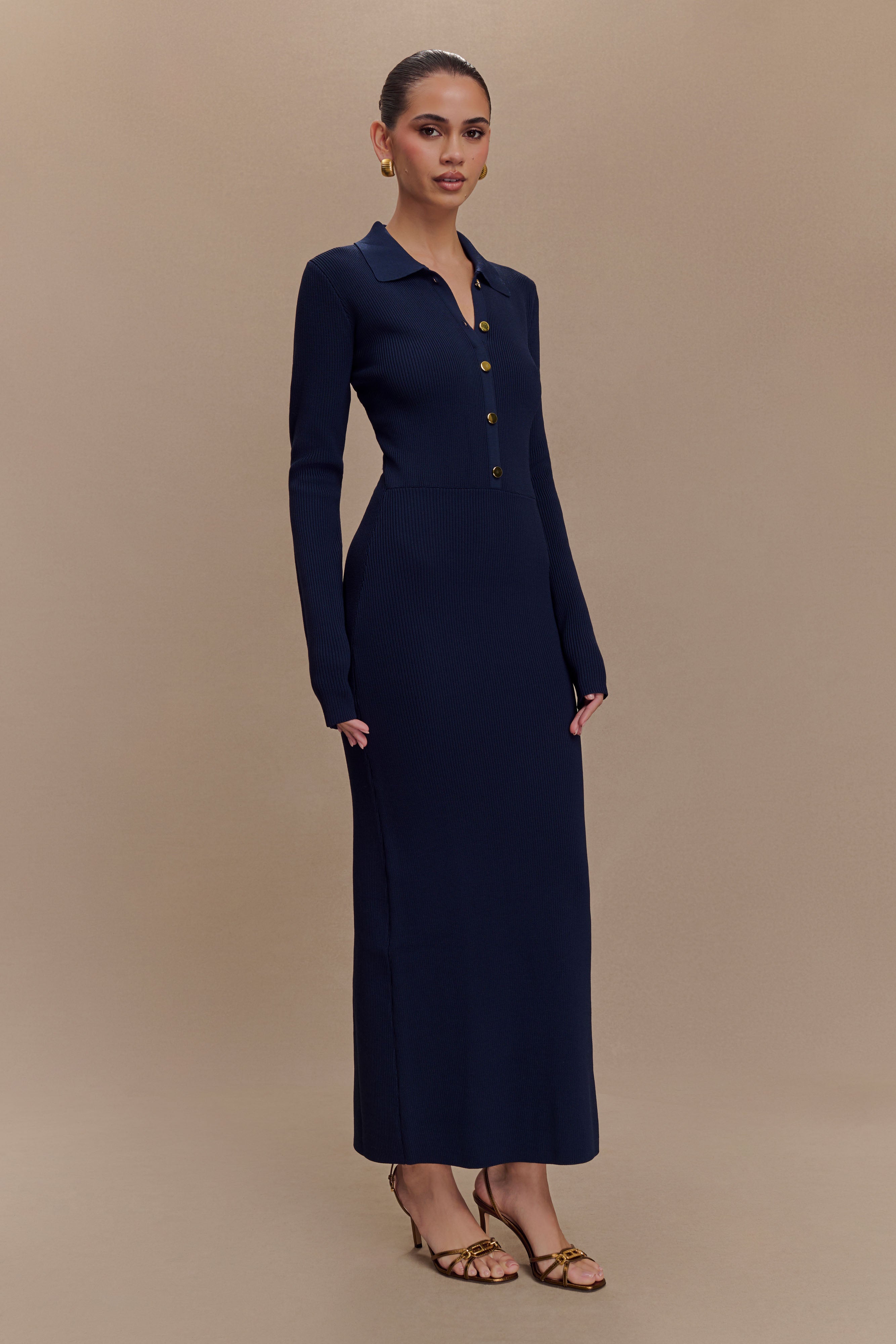 Abbey Buttoned Knit Midi Dress in Navy – Chic&Drifts