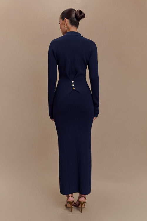 Abbey Buttoned Knit Midi Dress in Navy – Chic&Drifts