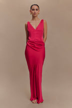 Nicola Satin Asymmetric Maxi Skirt in Pink Cherry – Chic&Drifts