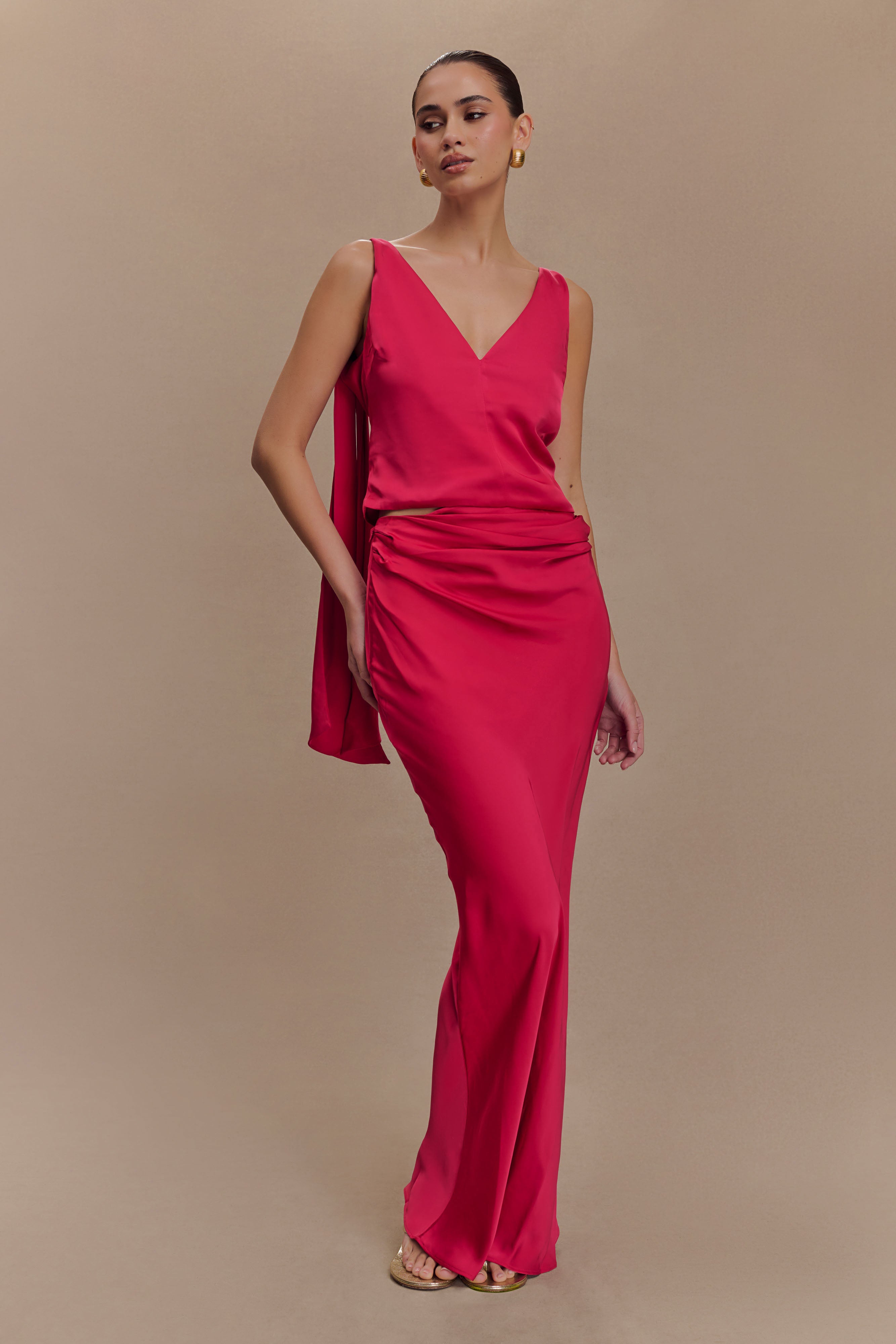 Nicola Satin Asymmetric Maxi Skirt in Pink Cherry – Chic&Drifts