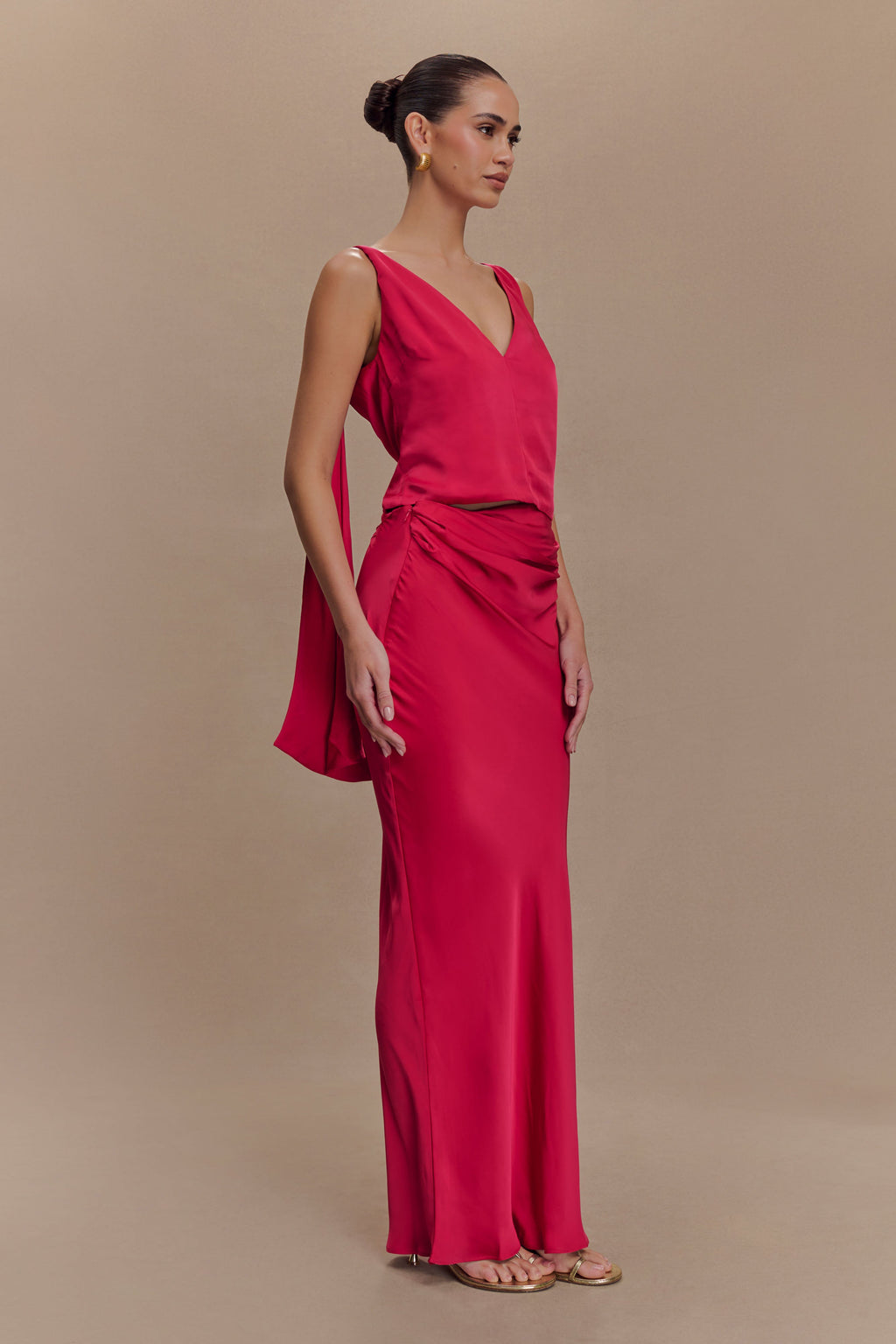 Nicola Satin Asymmetric Maxi Skirt in Pink Cherry – Chic&Drifts