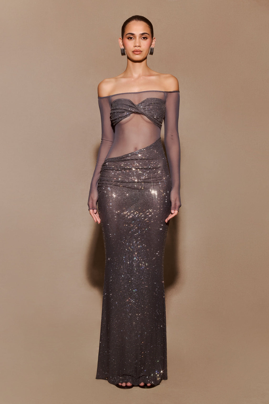 Nash Diamante Off Shoulder Maxi Dress in Gunmetal – Chic&Drifts