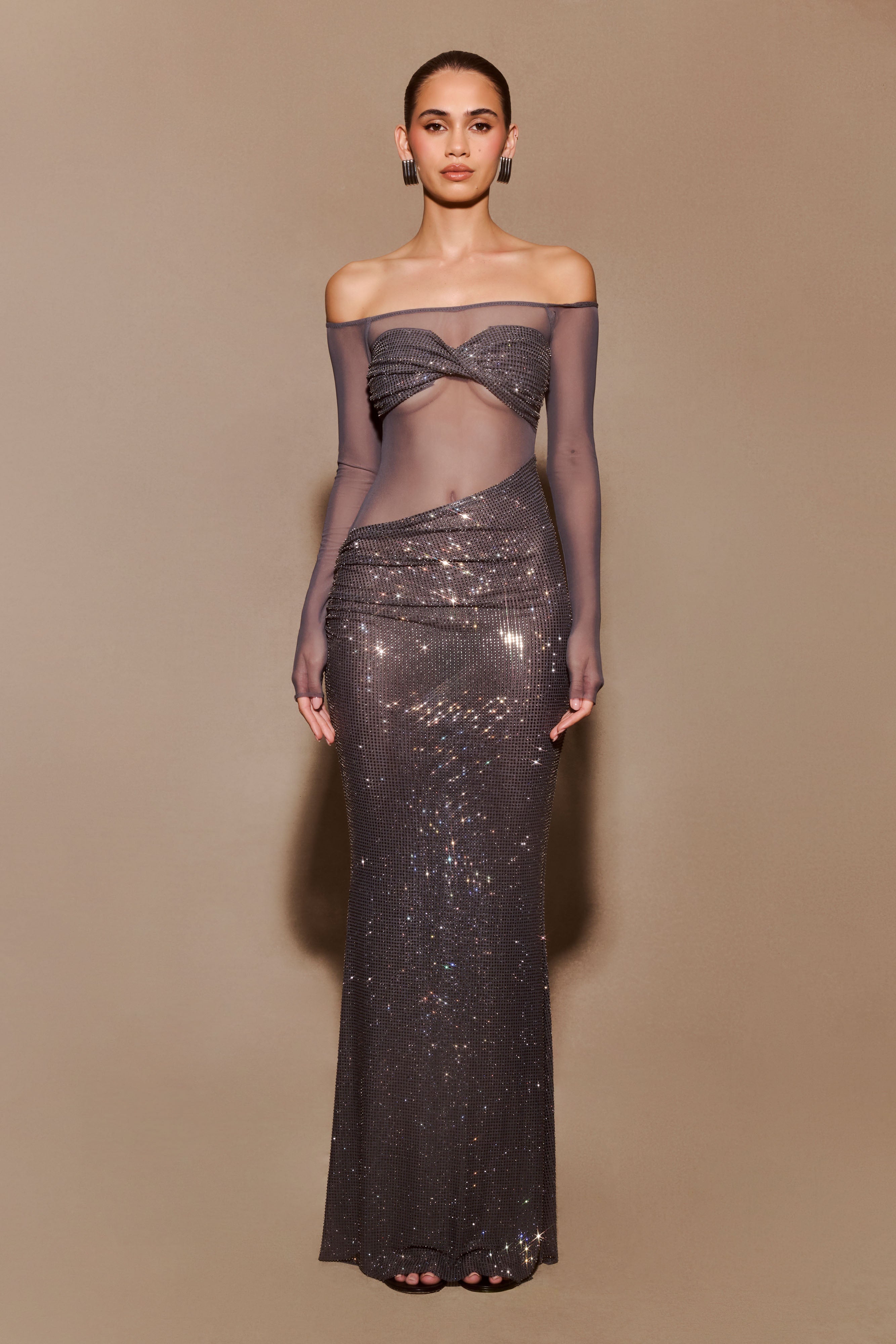 Nash Diamante Off Shoulder Maxi Dress in Gunmetal – Chic&Drifts