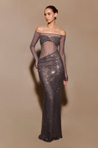 Nash Diamante Off Shoulder Maxi Dress in Gunmetal – Chic&Drifts