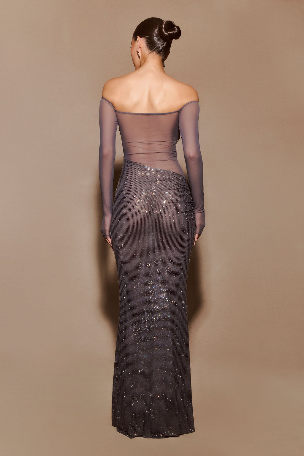 Nash Diamante Off Shoulder Maxi Dress in Gunmetal – Chic&Drifts