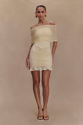 Caspian Slinky And Mesh Off Shoulder Mini Dress in Ivory – Chic&Drifts