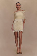 Caspian Slinky And Mesh Off Shoulder Mini Dress in Ivory – Chic&Drifts