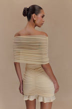 Caspian Slinky And Mesh Off Shoulder Mini Dress in Ivory – Chic&Drifts
