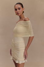 Caspian Slinky And Mesh Off Shoulder Mini Dress in Ivory – Chic&Drifts