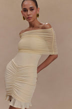 Caspian Slinky And Mesh Off Shoulder Mini Dress in Ivory – Chic&Drifts