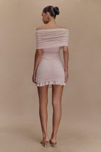 Caspian Slinky And Mesh Off Shoulder Mini Dress in Pale Pink – Chic&Drifts