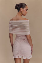 Caspian Slinky And Mesh Off Shoulder Mini Dress in Pale Pink – Chic&Drifts