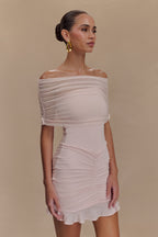 Caspian Slinky And Mesh Off Shoulder Mini Dress in Pale Pink – Chic&Drifts