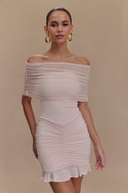 Caspian Slinky And Mesh Off Shoulder Mini Dress in Pale Pink – Chic&Drifts
