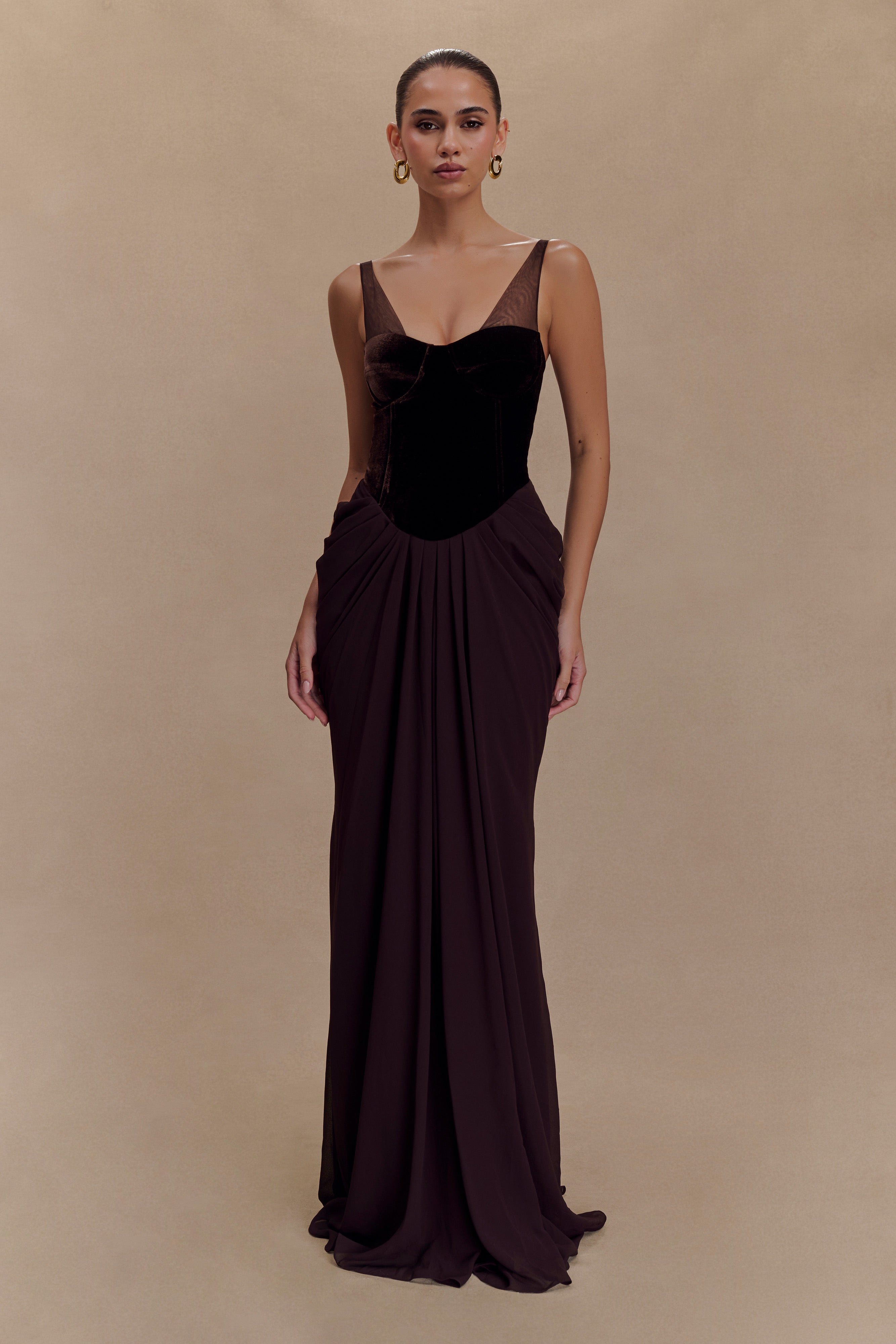 Roxanne Velvet Corset Maxi Dress in Cacao Brown – Chic&Drifts