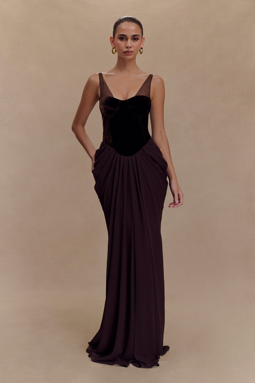 Roxanne Velvet Corset Maxi Dress in Cacao Brown – Chic&Drifts