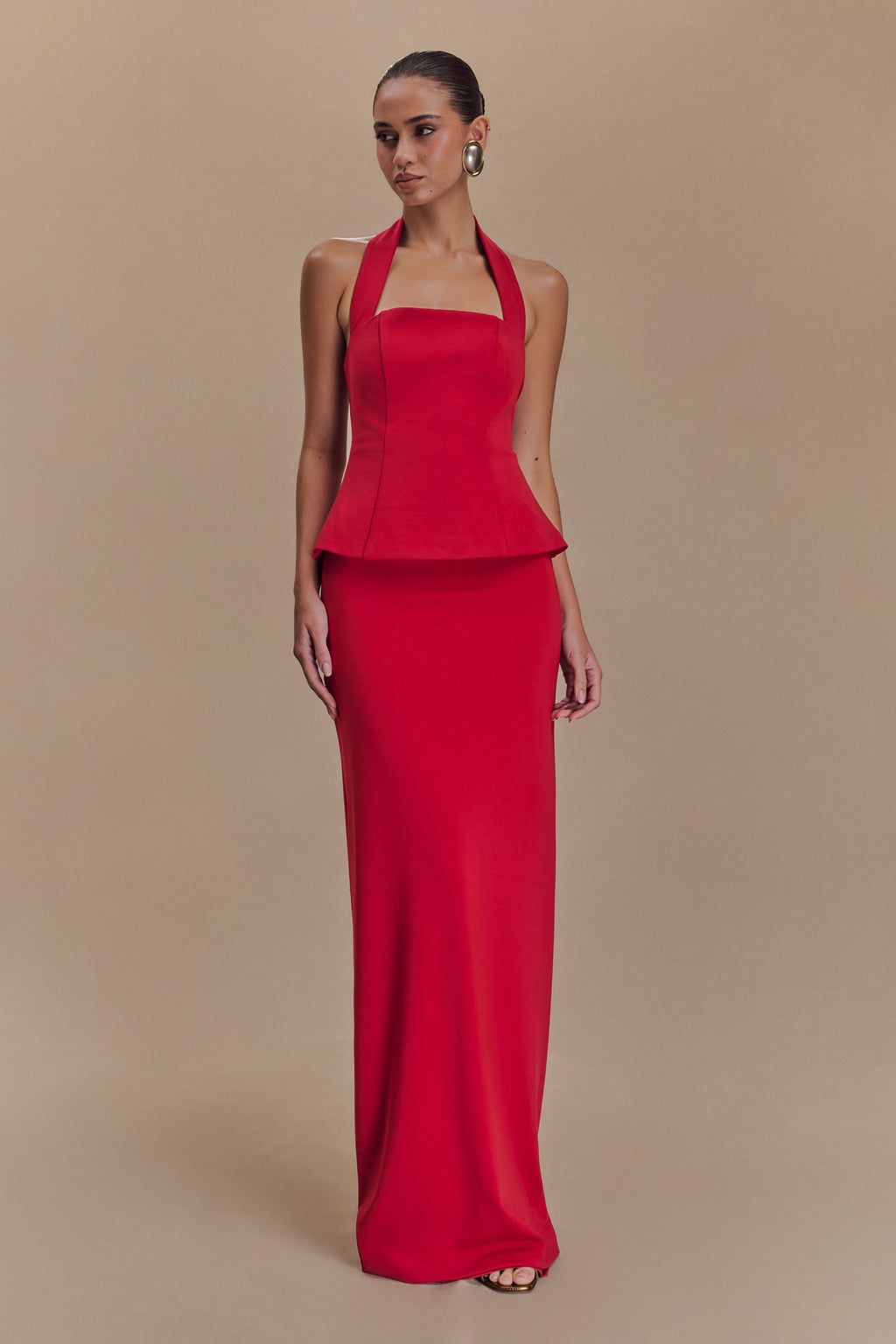 Bertie Peplum Halter Maxi Dress in Ruby – Chic&Drifts