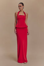 Bertie Peplum Halter Maxi Dress in Ruby – Chic&Drifts