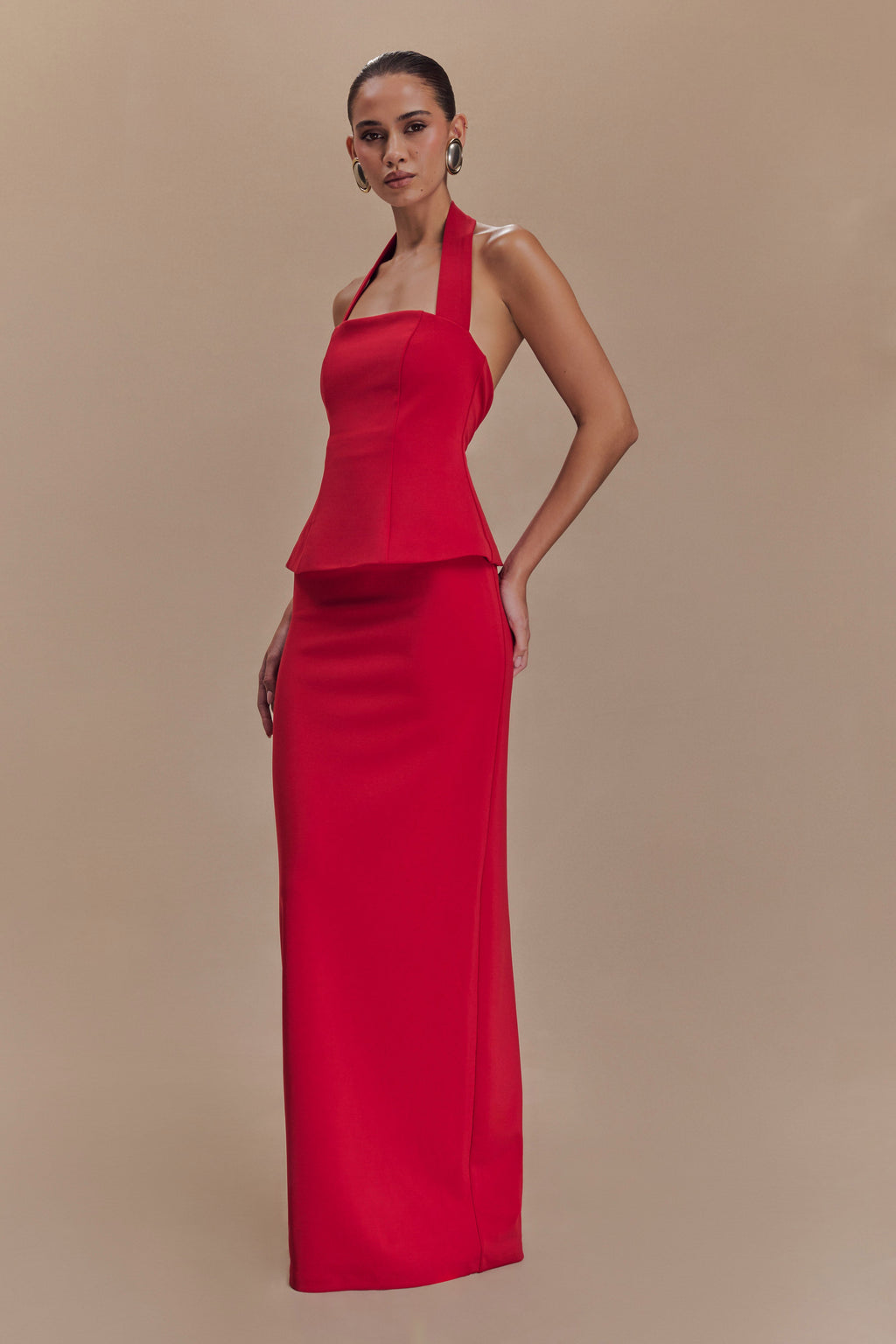 Bertie Peplum Halter Maxi Dress in Ruby – Chic&Drifts