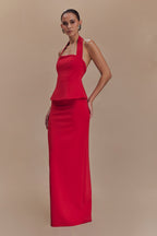Bertie Peplum Halter Maxi Dress in Ruby – Chic&Drifts