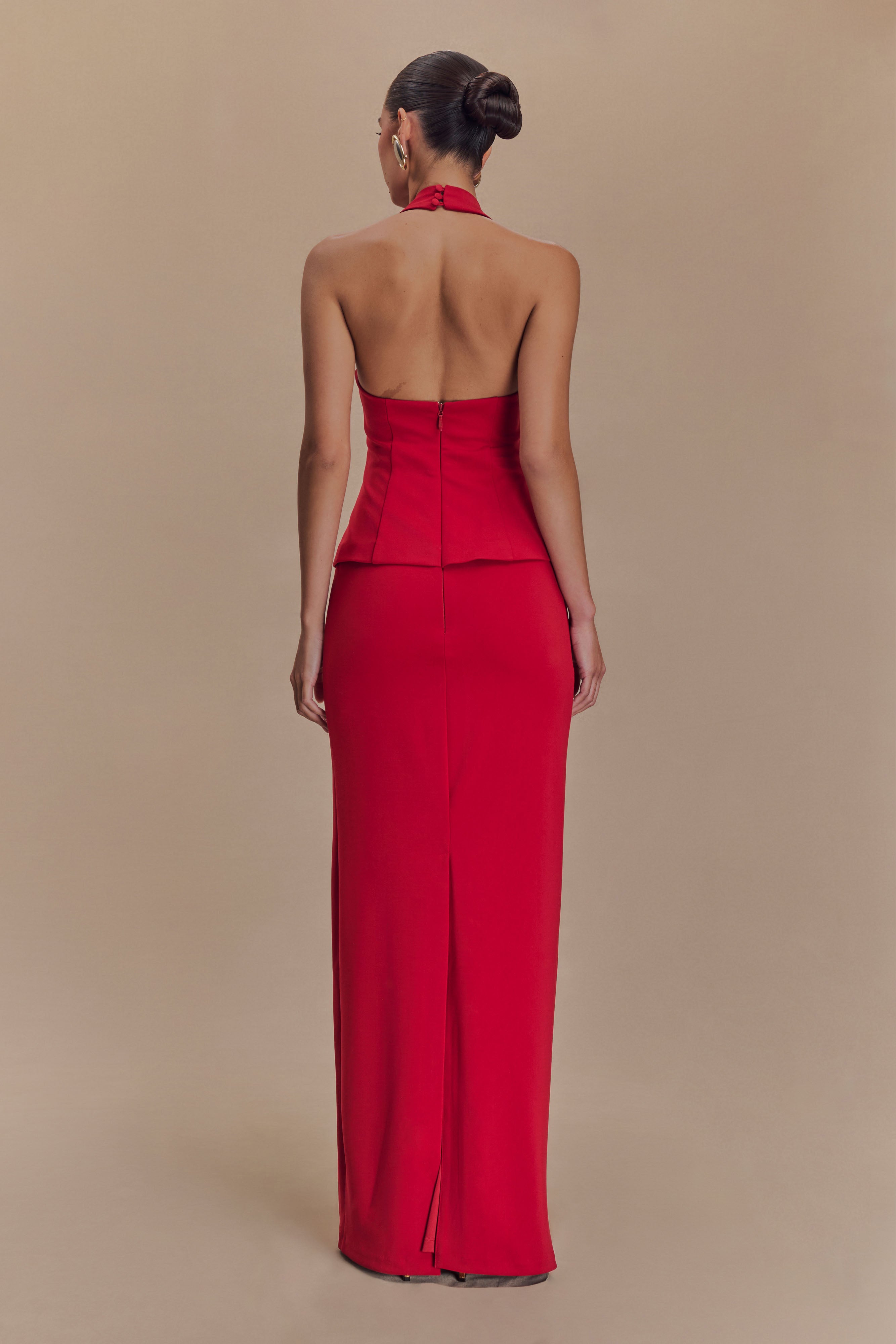 Bertie Peplum Halter Maxi Dress in Ruby – Chic&Drifts