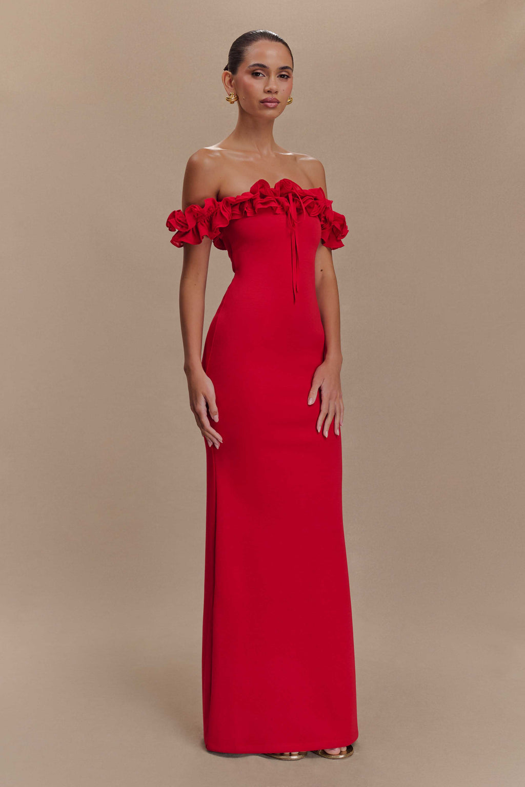 Nova Ruffle Off Shoulder Maxi Dress in Ruby – Chic&Drifts