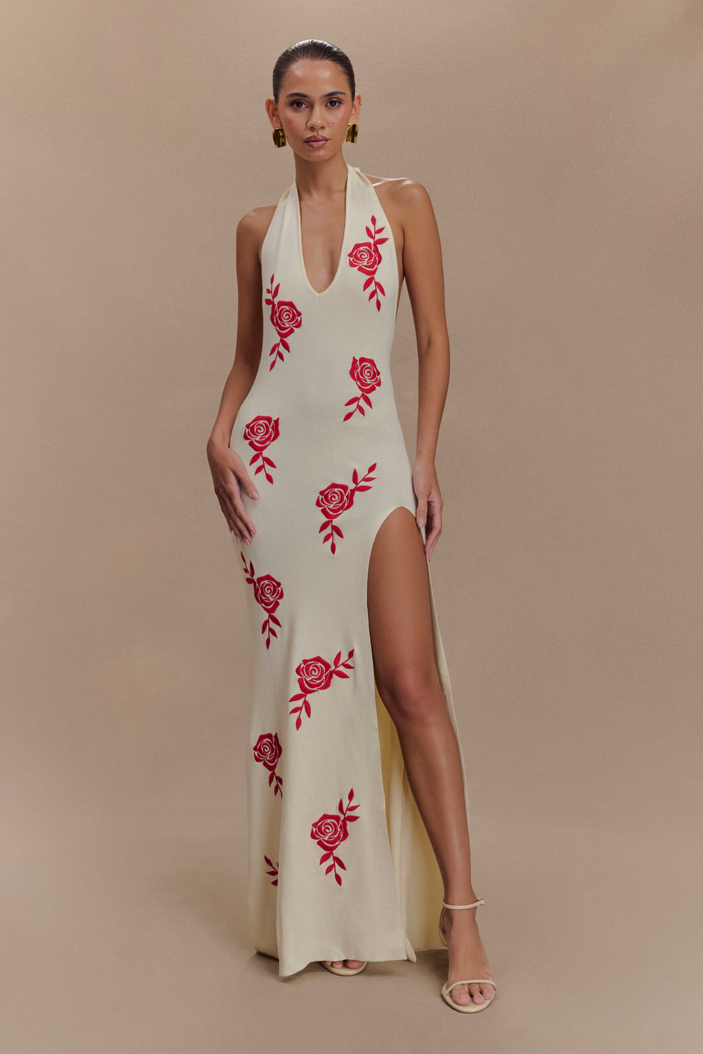 Shiloh Rose Knit Halter Maxi Dress in Ivory – Chic&Drifts