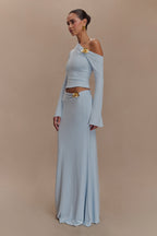 Ainsley Asymmetrical Maxi Skirt With Floral Hardware in Pale Blue – Chic&Drifts