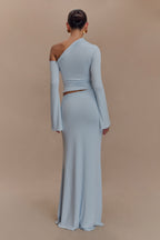 Ainsley Asymmetrical Maxi Skirt With Floral Hardware in Pale Blue – Chic&Drifts