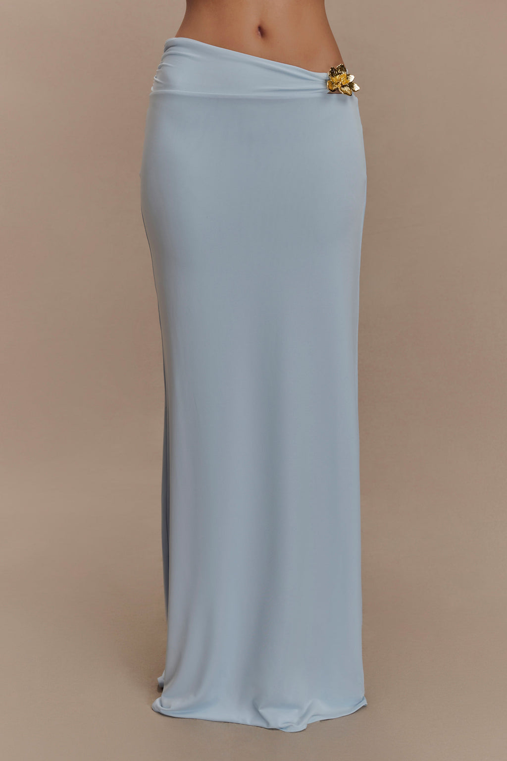 Ainsley Asymmetrical Maxi Skirt With Floral Hardware in Pale Blue – Chic&Drifts