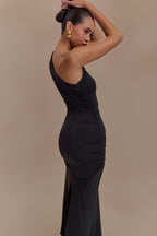 Chloe Peached Jersey One Shoulder Midi Dress in Black – Chic&Drifts