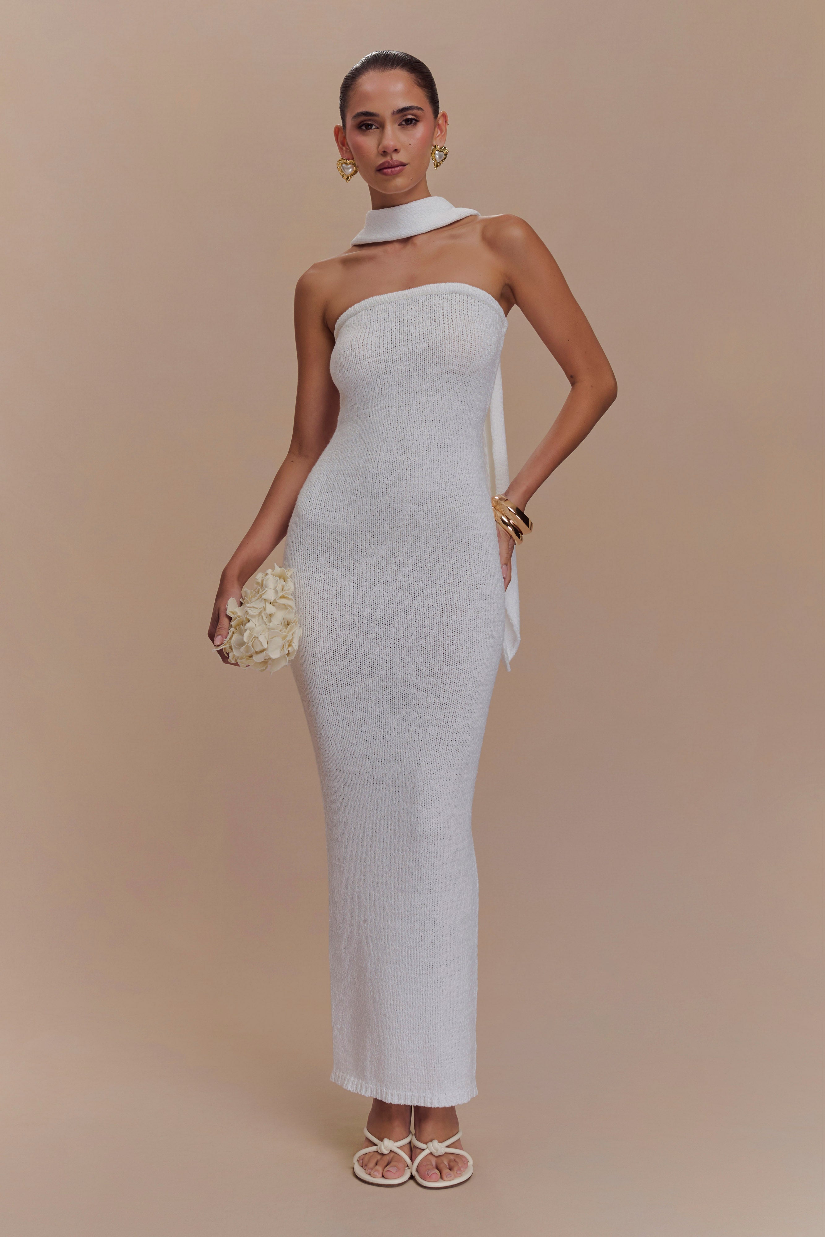 Andrea Strapless Knit Maxi Dress in White – Chic&Drifts