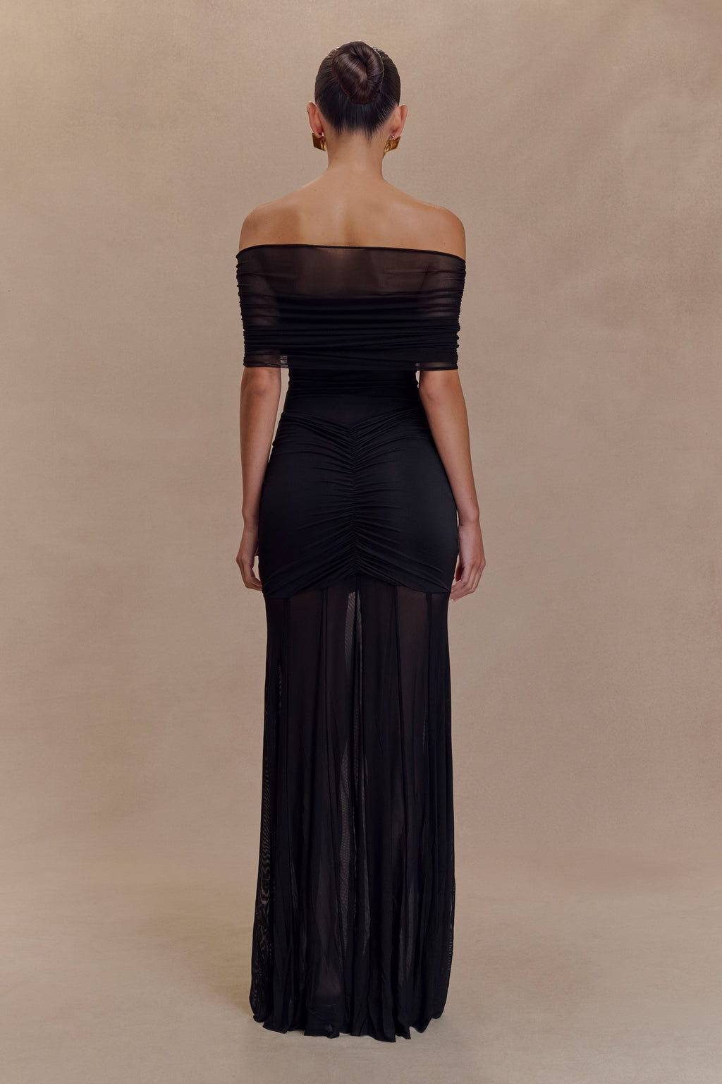Caspian Slinky And Mesh Off Shoulder Maxi Dress in Black – Chic&Drifts