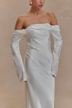 Giselle Off Shoulder Cowl Neck Maxi Dress in White – Chic&Drifts