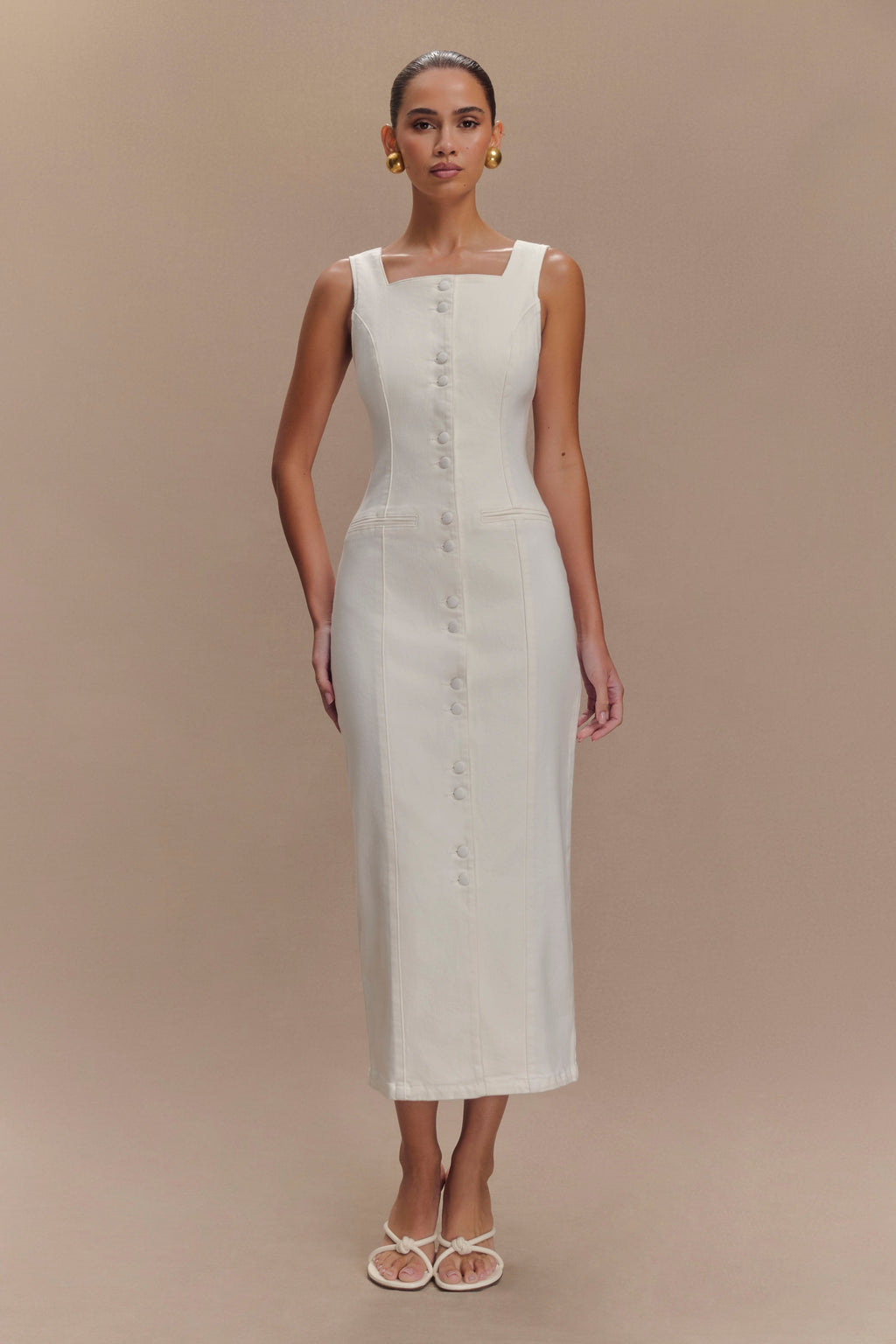 Reyna Denim Midi Dress in White – Chic&Drifts
