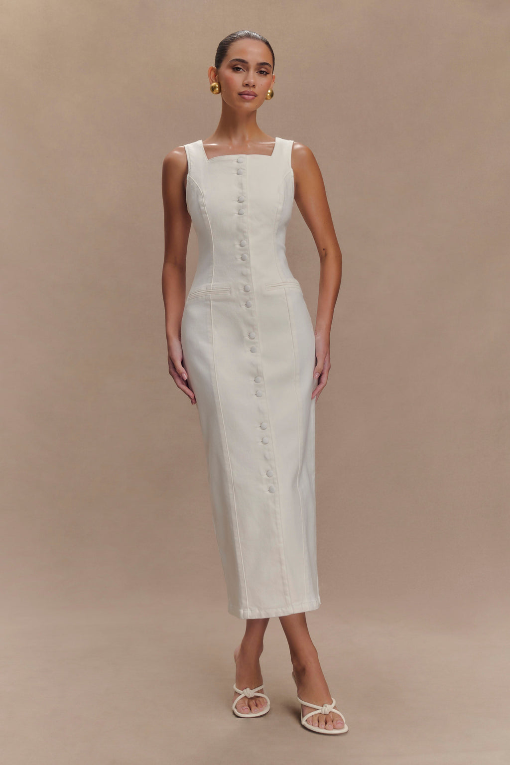 Reyna Denim Midi Dress in White – Chic&Drifts