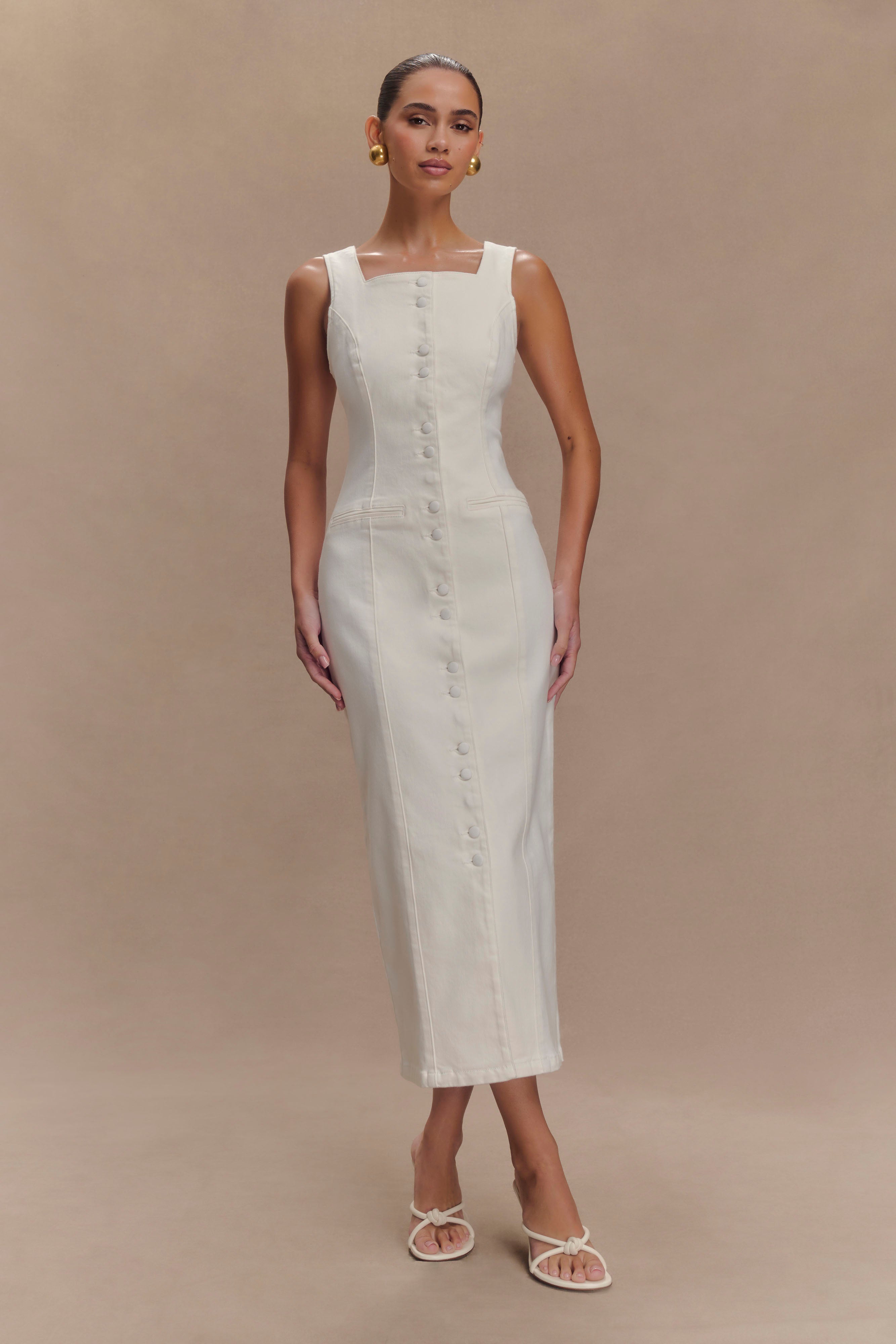 Reyna Denim Midi Dress in White – Chic&Drifts