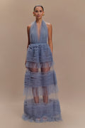 Minka Mesh Ruffle Halter Maxi Dress in Dusty Blue – Chic&Drifts
