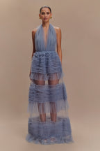 Minka Mesh Ruffle Halter Maxi Dress in Dusty Blue – Chic&Drifts