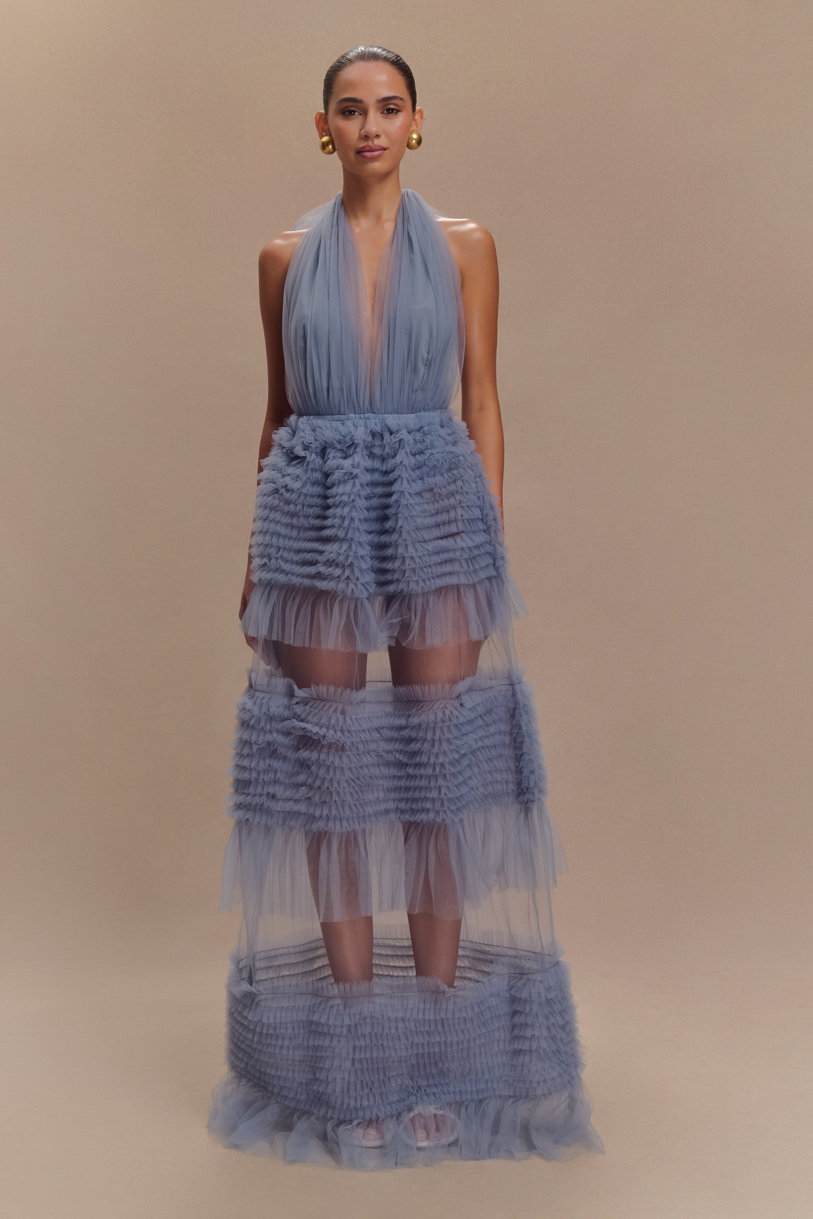 Minka Mesh Ruffle Halter Maxi Dress in Dusty Blue – Chic&Drifts
