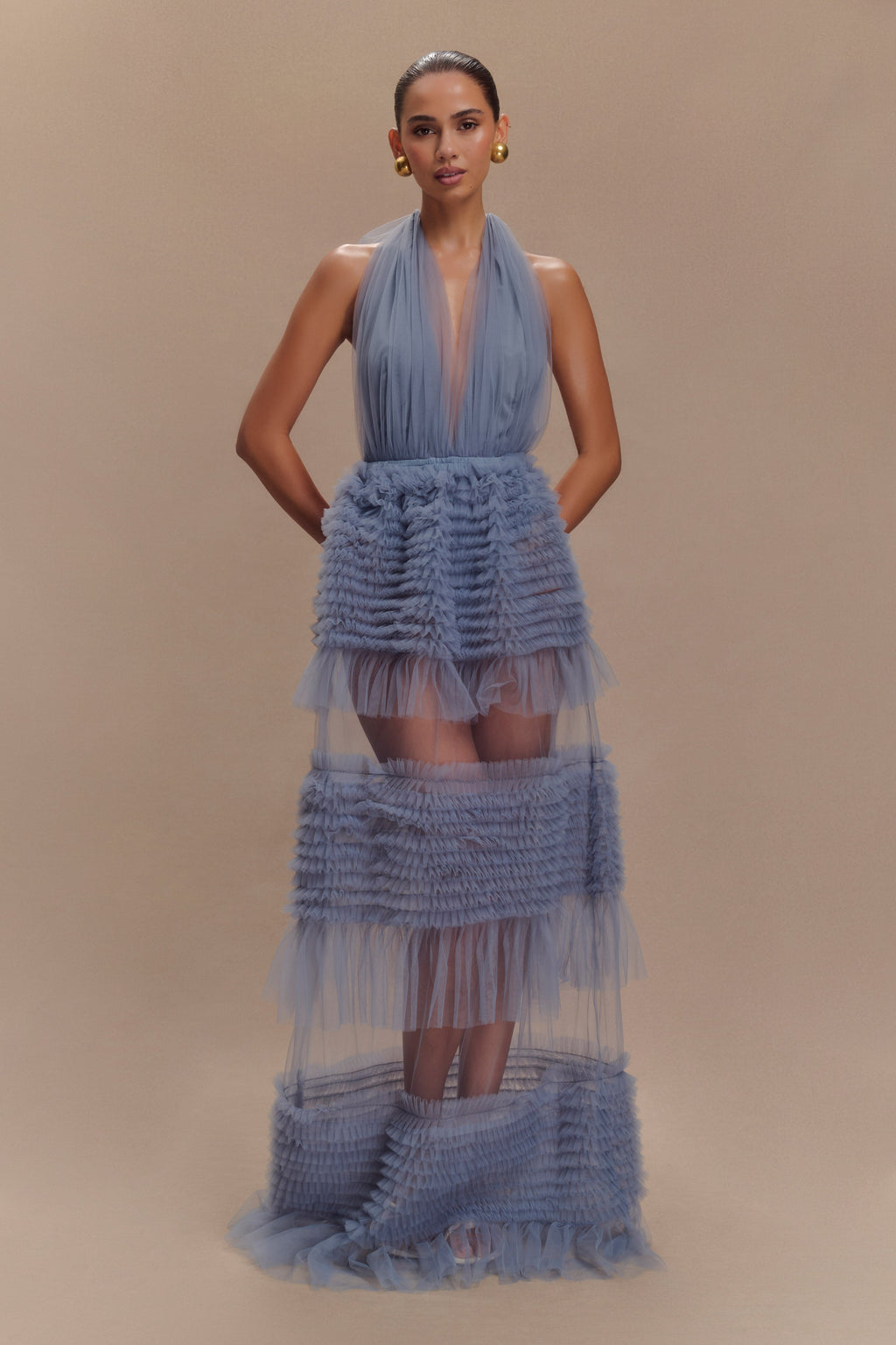 Minka Mesh Ruffle Halter Maxi Dress in Dusty Blue – Chic&Drifts