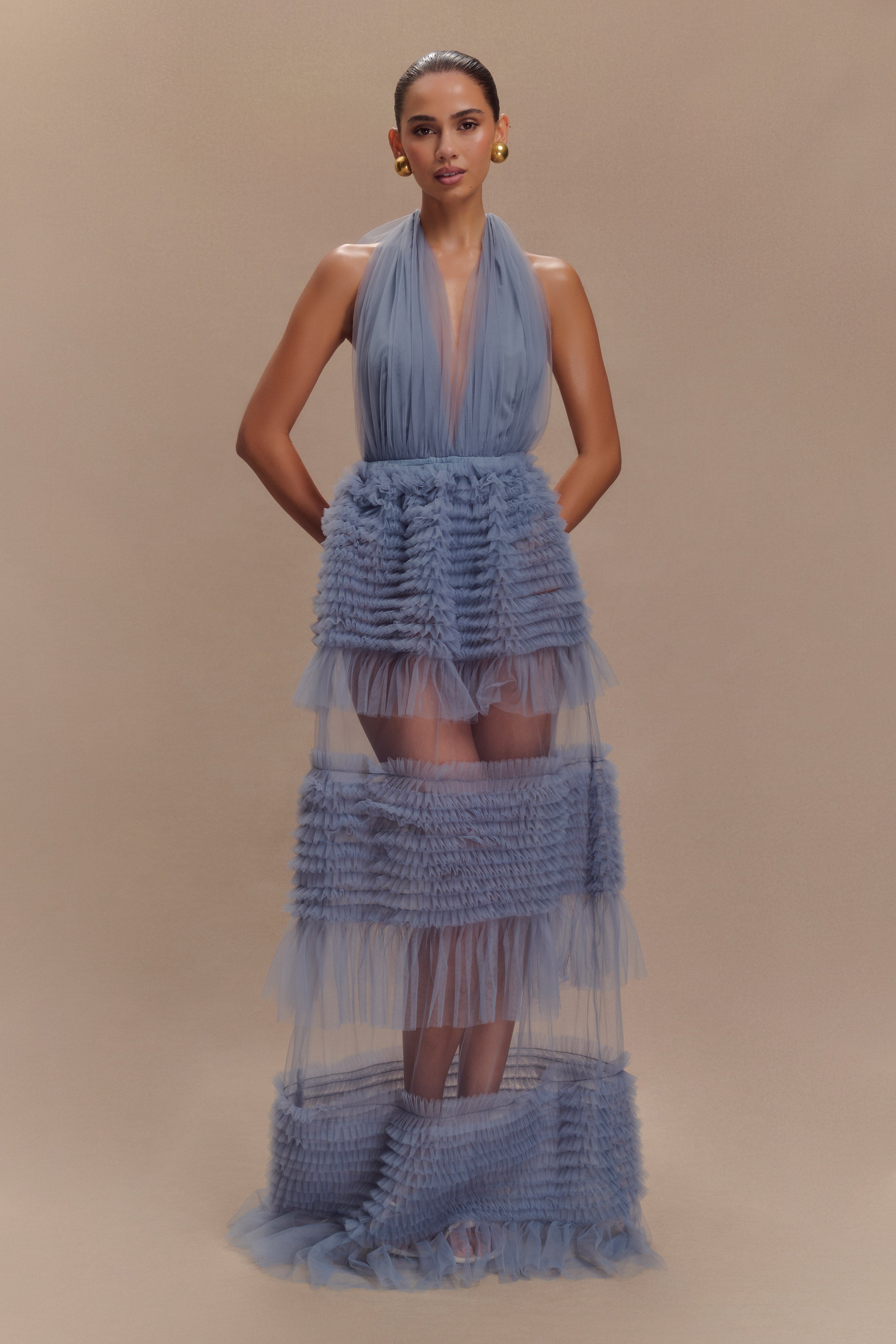 Minka Mesh Ruffle Halter Maxi Dress in Dusty Blue – Chic&Drifts