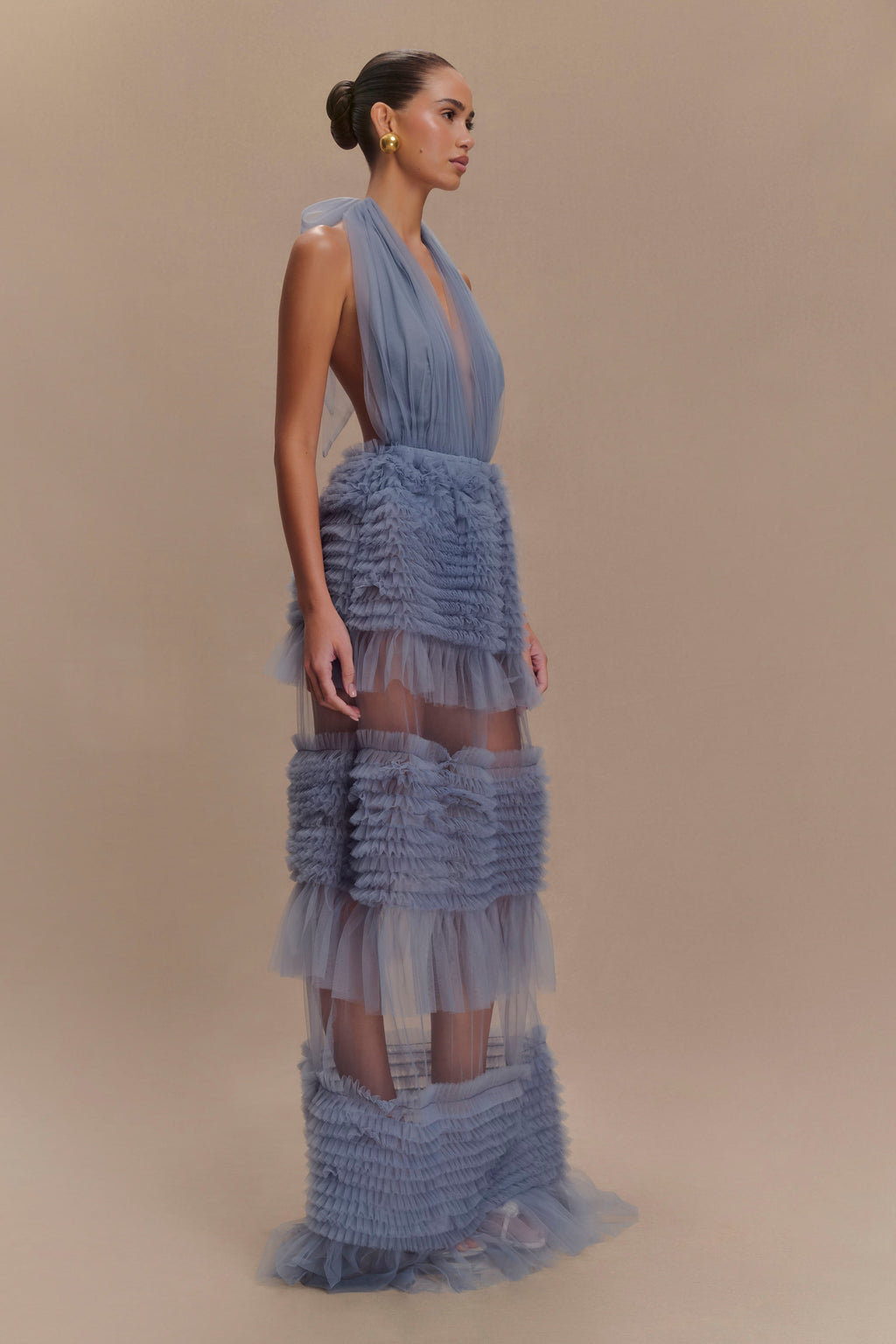Minka Mesh Ruffle Halter Maxi Dress in Dusty Blue – Chic&Drifts