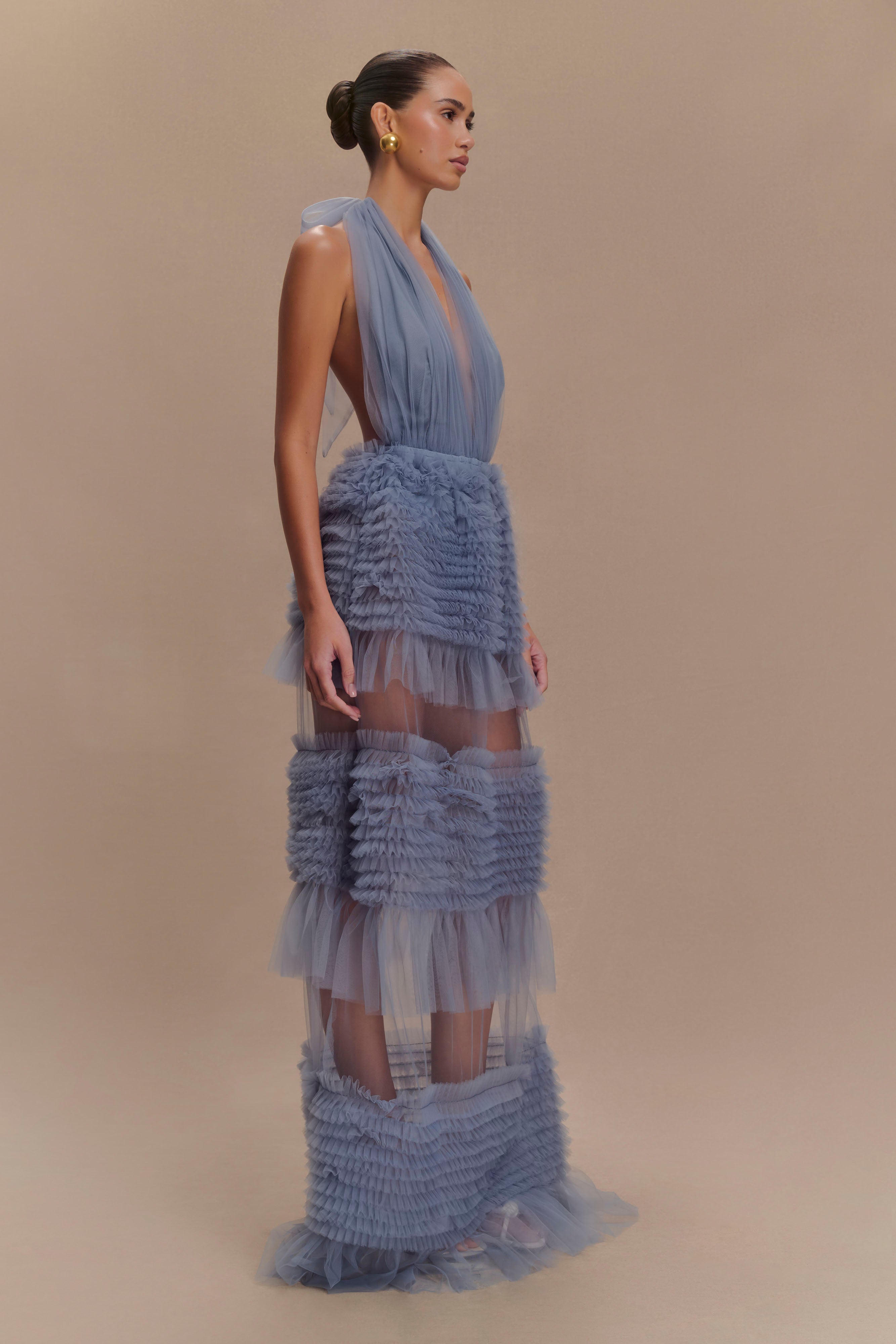 Minka Mesh Ruffle Halter Maxi Dress in Dusty Blue – Chic&Drifts