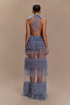 Minka Mesh Ruffle Halter Maxi Dress in Dusty Blue – Chic&Drifts