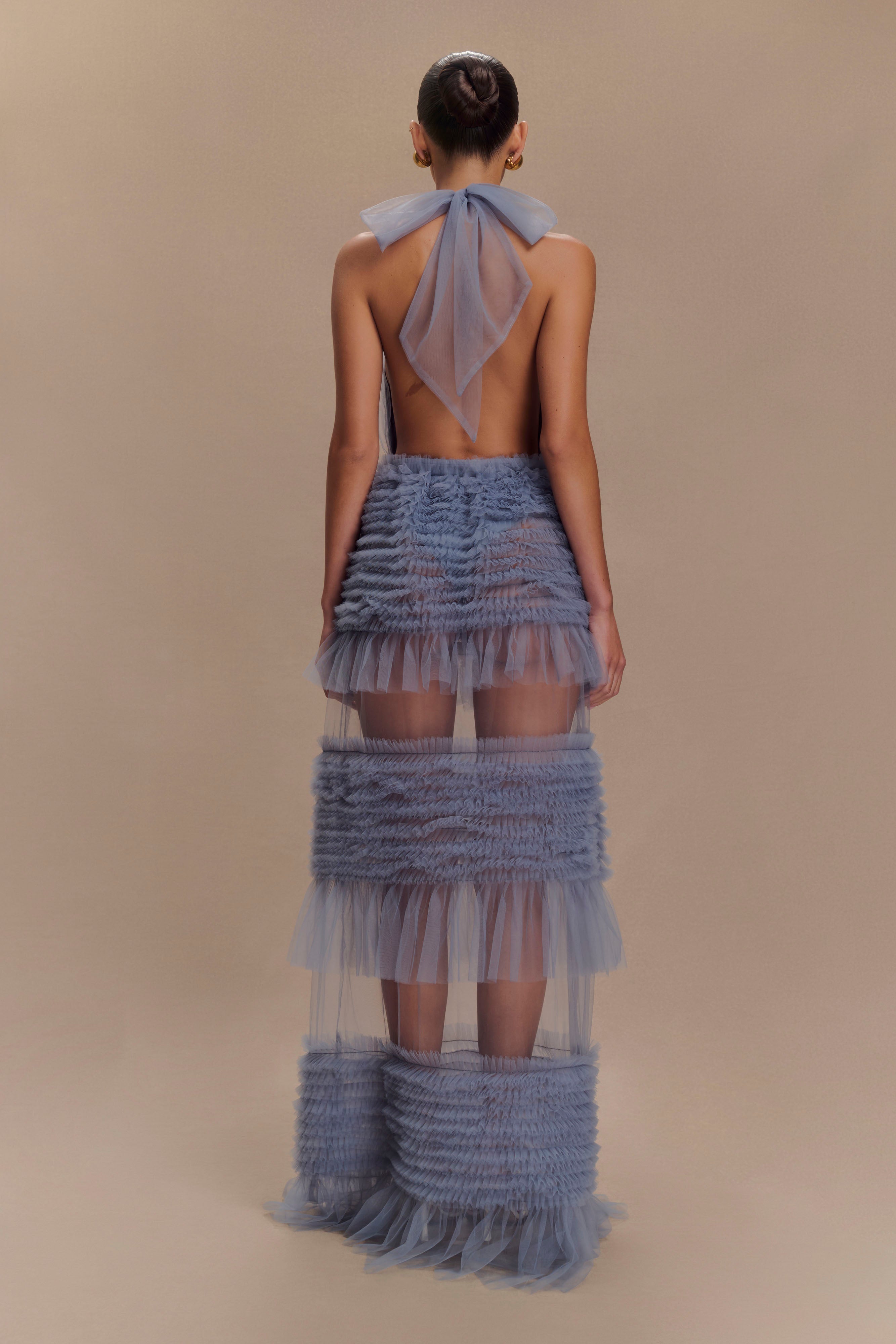 Minka Mesh Ruffle Halter Maxi Dress in Dusty Blue – Chic&Drifts