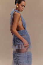 Minka Mesh Ruffle Halter Maxi Dress in Dusty Blue – Chic&Drifts