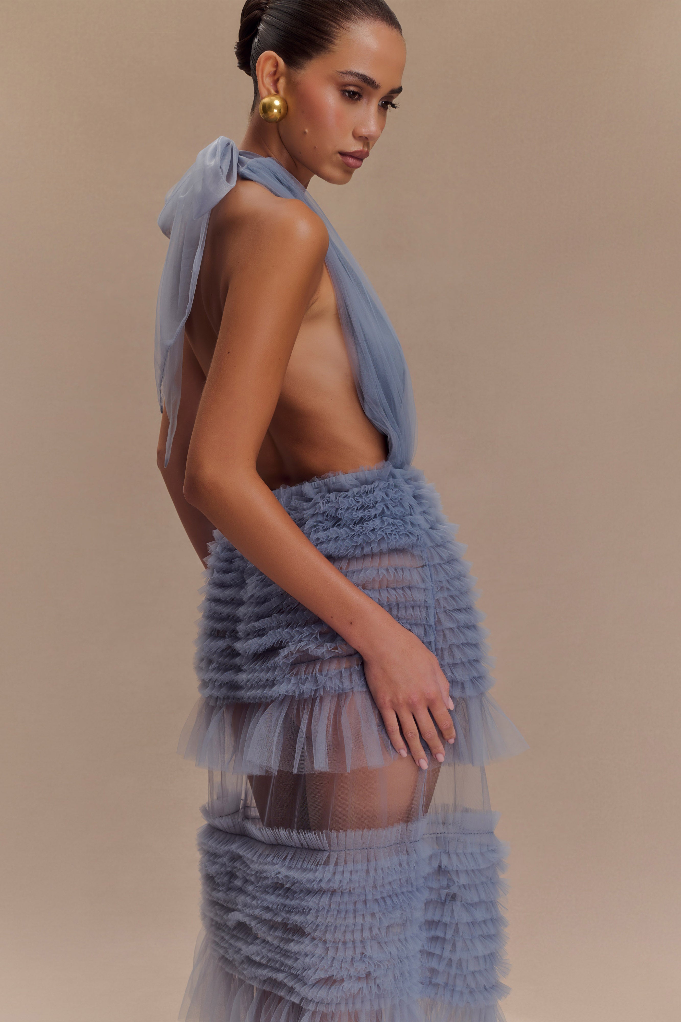 Minka Mesh Ruffle Halter Maxi Dress in Dusty Blue – Chic&Drifts